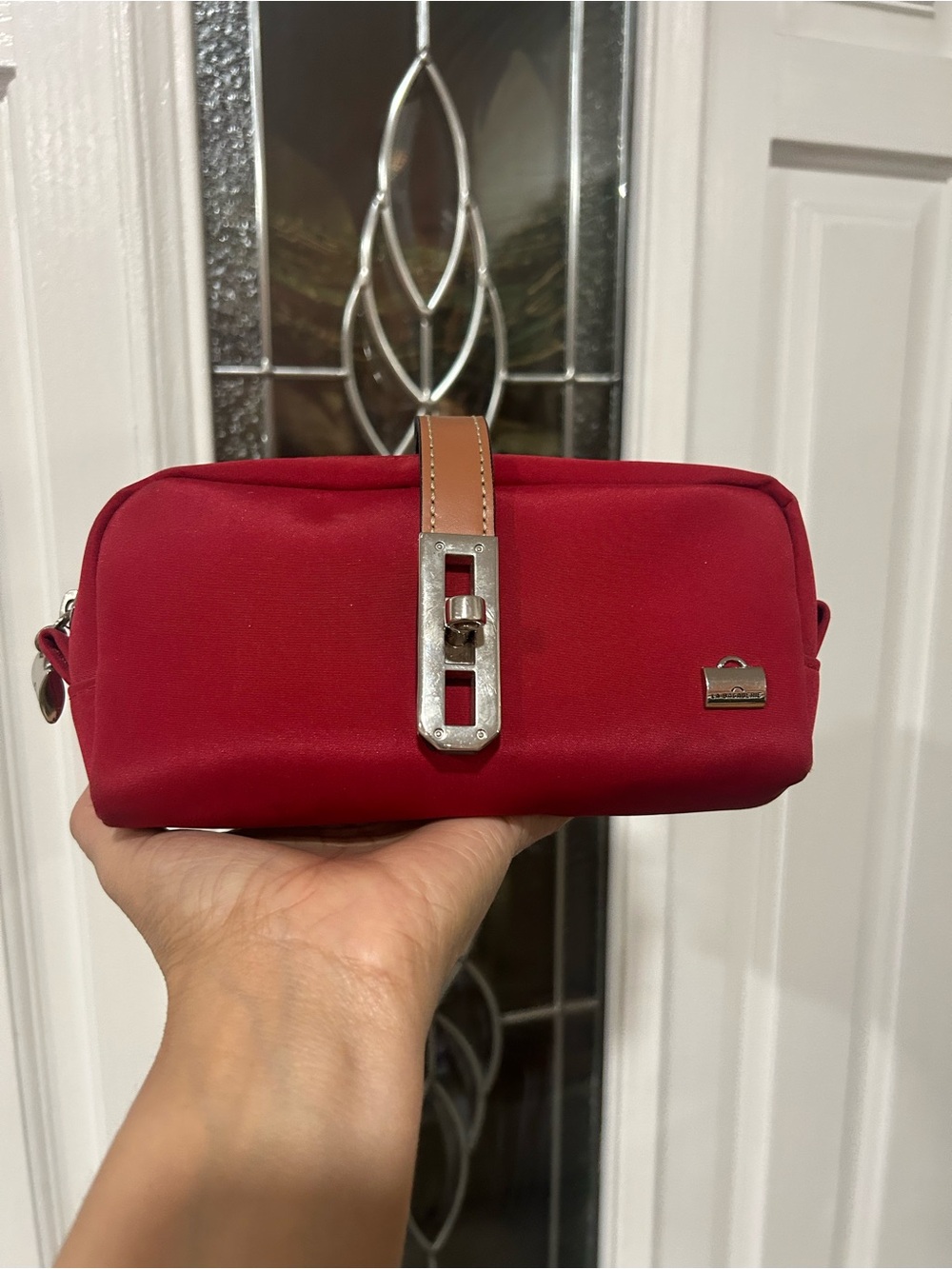 Red Nylon Cosmetic Case with Tan Strap & Silver Hardware